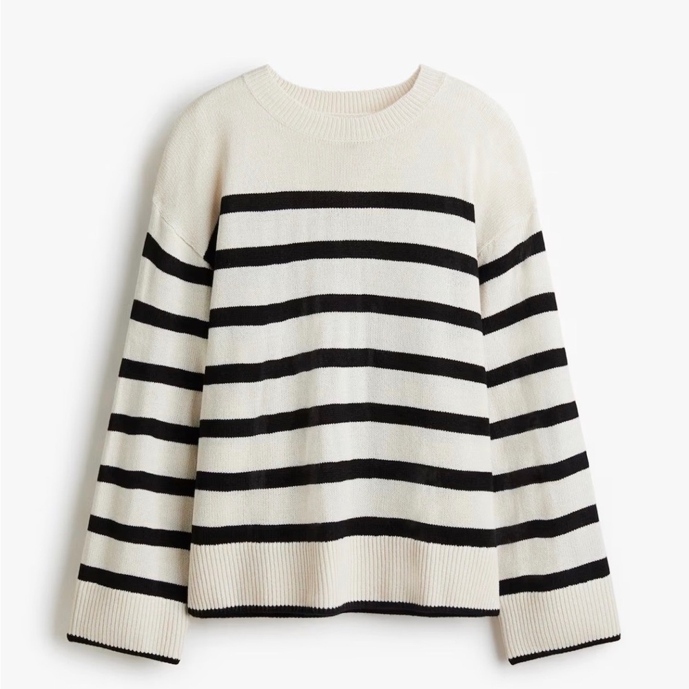 H&M Black and Cream Striped Crewneck Sweater
